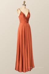 Formal Dress Classy, Rust Color V Neck Long Party Dress