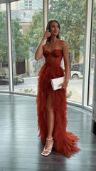 Formal Dresses Shop, Rust Red Sweetheart High Low Tiered Prom Evening Dresses Tulle Formal Dress