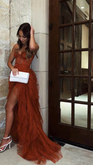 Formal Dress Shop, Rust Red Sweetheart High Low Tiered Prom Evening Dresses Tulle Formal Dress