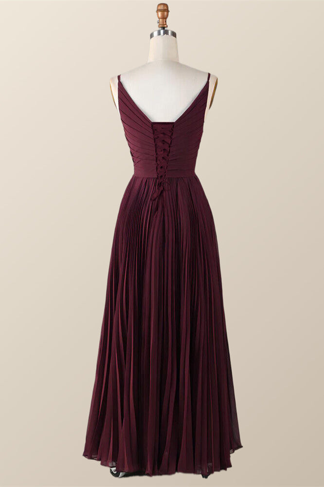 Prom Dress Long With Slit, Twisted Front Burgundy Chiffon Long Bridesmaid Dress