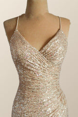 Prom Dresses 20, Straps Champagne Sequin Mermaid Long Dress with Slit