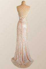 Prom Dress Sleeves, Straps Champagne Sequin Mermaid Long Dress with Slit