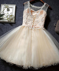 Prom Dress Black, Cute Champagne A Line Lace Short Prom Dress, Homecoming Dress