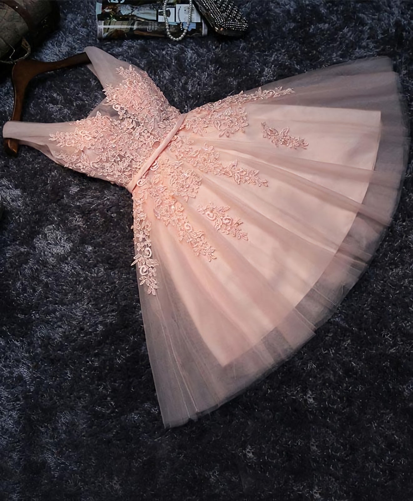 Homecoming Dress Sweetheart, Pink V Neck Tulle Lace Short Prom Dress, Homecoming Dresses
