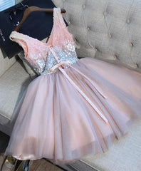 Elegant Gown, Cute Pink V Neck Tulle Seqsuins Short Prom Dress, Cocktail Dress