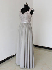 Party Dresses Cocktail, Elegant A-Line Chiffon Silver Long Bridesmaid Dress with Lace Appliques