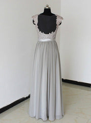 Party Dresses Europe, Elegant A-Line Chiffon Silver Long Bridesmaid Dress with Lace Appliques