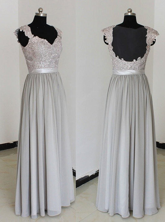 Party Dress Europe, Elegant A-Line Chiffon Silver Long Bridesmaid Dress with Lace Appliques