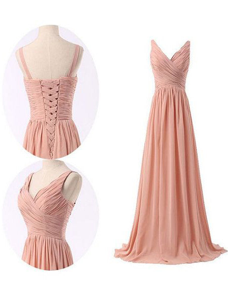 Party Dresses Halter Neck, Simple Ruched Blush Pink Long Chiffon Bridesmaid Dress