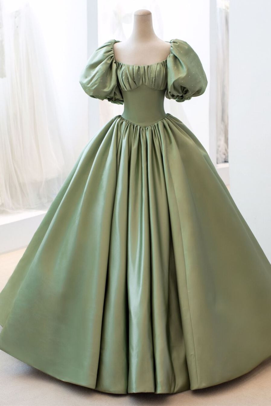 Bridesmaid Dress Orange, Sage Green Ball Gown Short Bell Sleeves Prom Dress Long