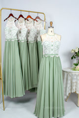 Bridesmaid Dress Colorful, Sage Green Chiffon and Halter White Lace Long Bridesmaid Dress