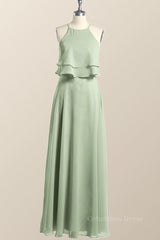 Prom Dress With Pockets, Sage Green Chiffon Ruffles Chiffon Long Bridesmaid Dress