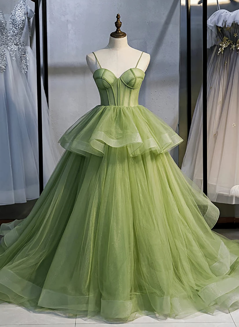 Pleated Dress, Sage Green Corset Long Prom Dress, Long Green Tulle Party Dress Evening Dresses