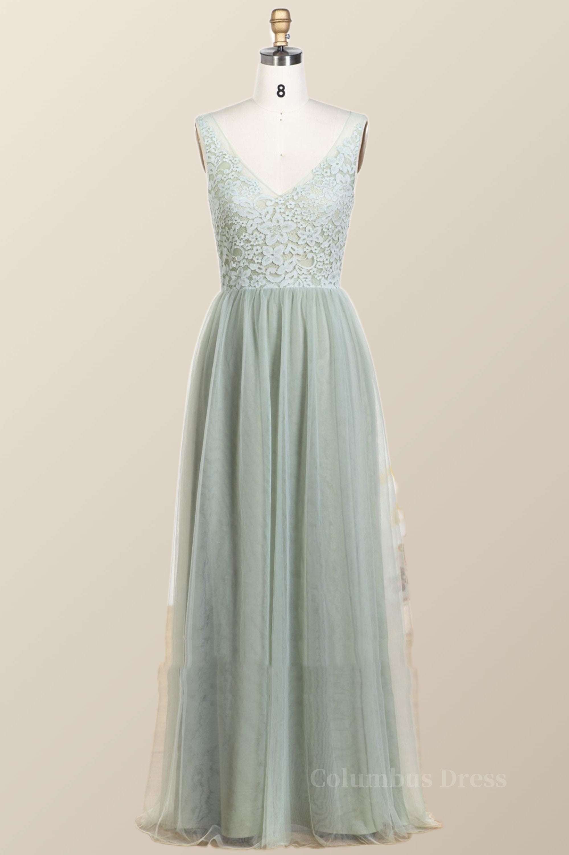Formal Dress Australia, Sage Green Lace and Tulle Long Bridesmaid Dress
