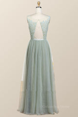 Formal Dress Boutique, Sage Green Lace and Tulle Long Bridesmaid Dress