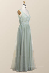 Formal Dresses Winter, Sage Green Lace and Tulle Long Bridesmaid Dress