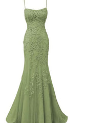 Party Dress Long Sleeve Maxi, Sage Green Lace Appliques Dresses Long Prom Dress Mermaid Spaghetti Straps Evening Dress