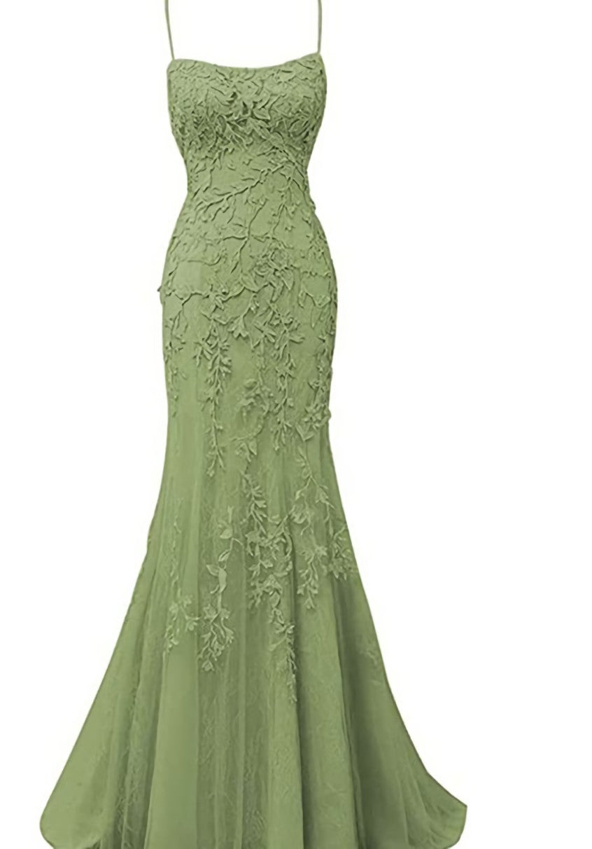 Party Dresses, Sage Green Lace Appliques Dresses Long Prom Dress Mermaid Spaghetti Straps Evening Dress