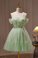 Prom Dresses Navy, Sage Green Off the Shoulder Short Princess Dress