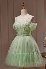 Prom Dress Blue, Sage Green Off the Shoulder Short Princess Dress