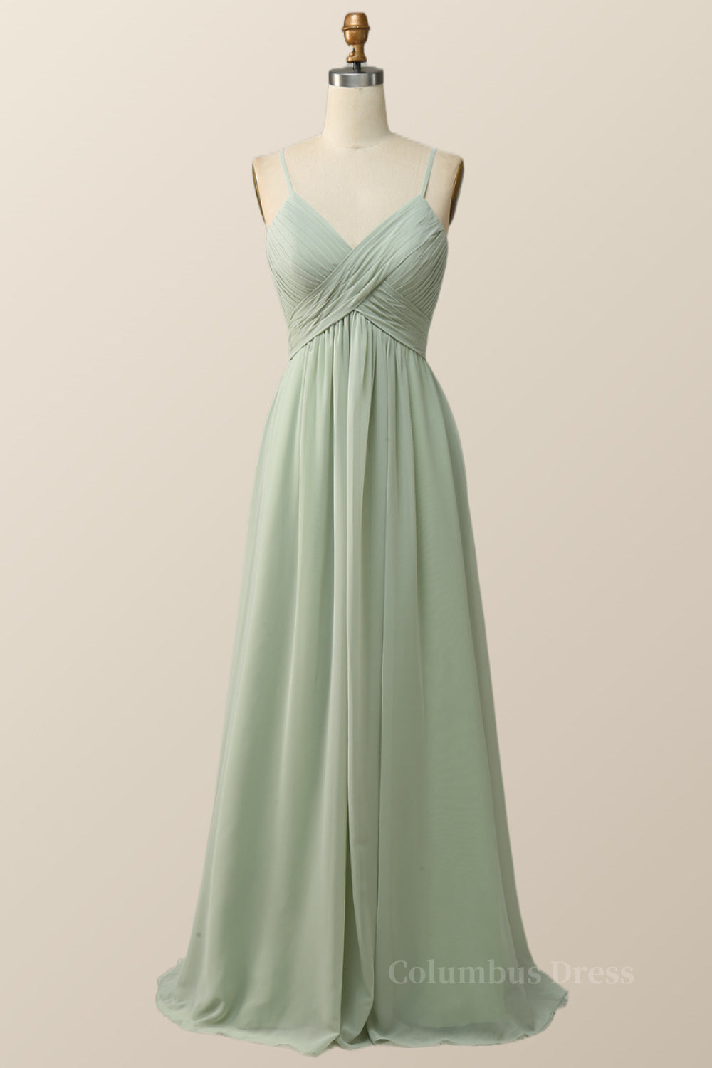 Prom Dresses With Shorts Underneath, Sage Green Pleated Straps Long Bridesmaid Dress
