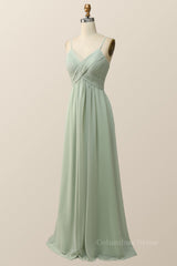 Prom Dresses 2026 Red, Sage Green Pleated Straps Long Bridesmaid Dress