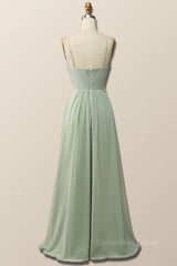Prom Dress Tight Fitting, Sage Green Pleated Straps Long Bridesmaid Dress