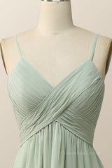 Prom Dresses Tight Fitting, Sage Green Pleated Straps Long Bridesmaid Dress