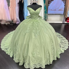 Party Dress Quick, Sage Green Princess Quinceanera Dresses Applique Off Shoulder Sweet 16 Dress