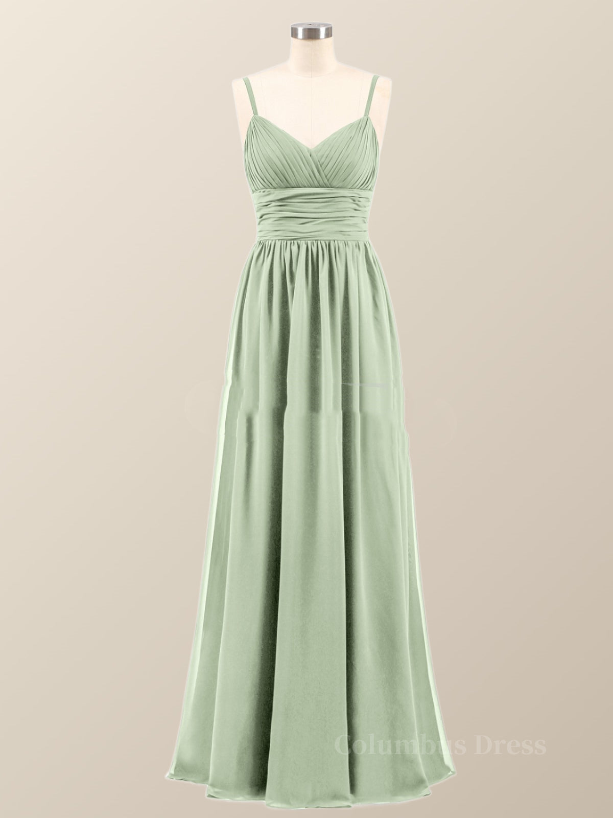 Formal Dress Wear For Ladies, Sage Green Straps Pleated Empire Long Bridesmaid Dress