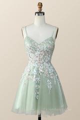 Party Dresses Teens, Sage Green Tulle Floral Embroidered A-line Homecoming Dress