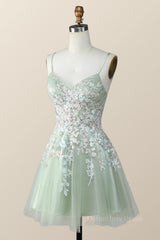 Party Dress Teen, Sage Green Tulle Floral Embroidered A-line Homecoming Dress