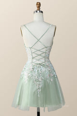 Party Dresses Teen, Sage Green Tulle Floral Embroidered A-line Homecoming Dress