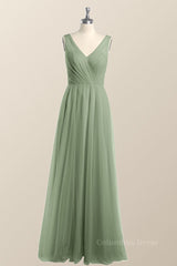 Evening Dress Yde, Sage Green V Neck A-line Long Bridesmaid Dress