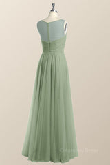 Evening Dress Shopping, Sage Green V Neck A-line Long Bridesmaid Dress