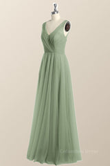 Evening Dress Shops, Sage Green V Neck A-line Long Bridesmaid Dress