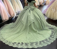 Evening Dress Modest, Lace Sage Green Quinceanera Dresses Applique Off Shoulder Sweet 16 Dress