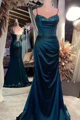 Bridesmaid Dresses Earth Tones, Satin Beaded V Neck Lace-Up Back Mermaid Long Formal Dress Maxi Event Dresses