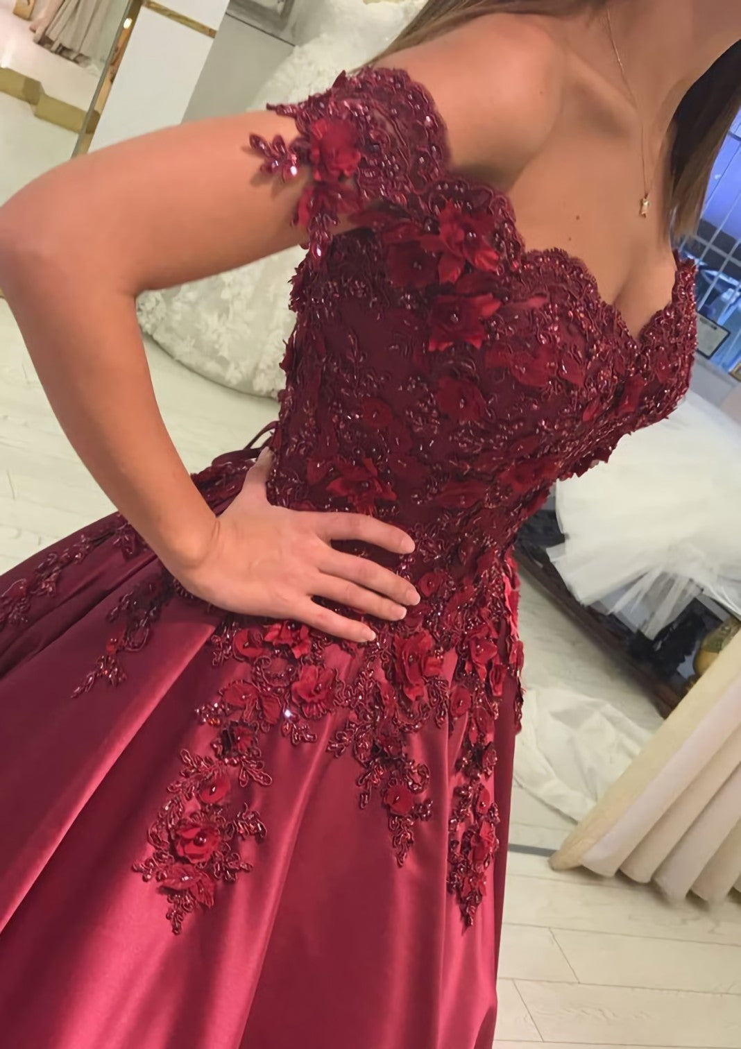 Prom Dresses Online, Satin Court Train A-Line/Princess Sleeveless Off-The-Shoulder Prom Dress With Appliqued