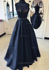 Formal Dresses Wedding Guest, Satin Prom Dress A-Line/Princess High-Neck Long/Floor-Length With Lace