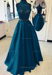 Formal Dresses Over 81, Satin Prom Dress A-Line/Princess High-Neck Long/Floor-Length With Lace