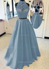 Formal Dresses For Large Ladies, Satin Prom Dress A-Line/Princess High-Neck Long/Floor-Length With Lace