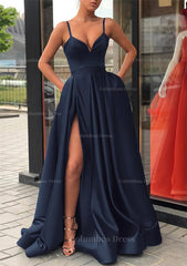 Formal Dress Boutique, Satin Prom Dress A-line/Princess Long/Floor-Length Sleeveless With Split Pockets