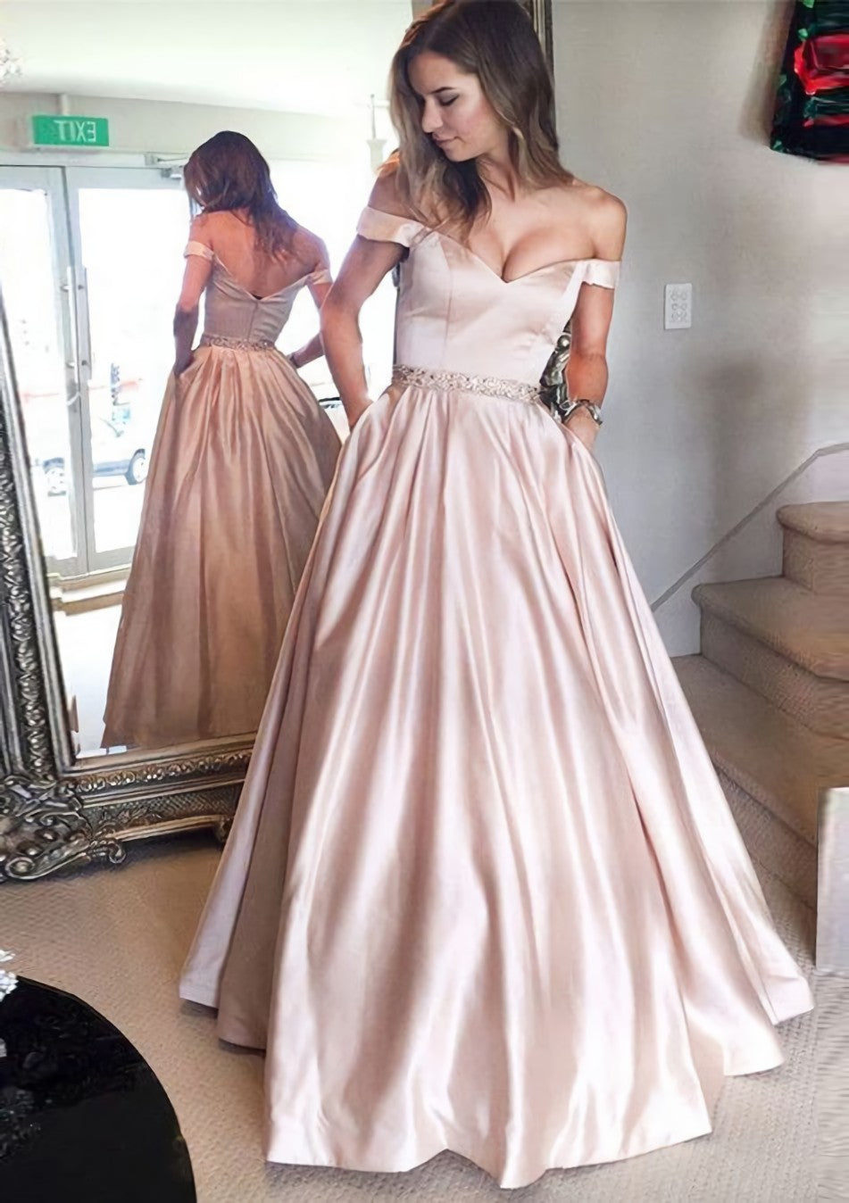 Evening Dresses Dresses, Satin Prom Dress A-Line/Princess Off-The-Shoulder Long/Floor-Length With Beaded