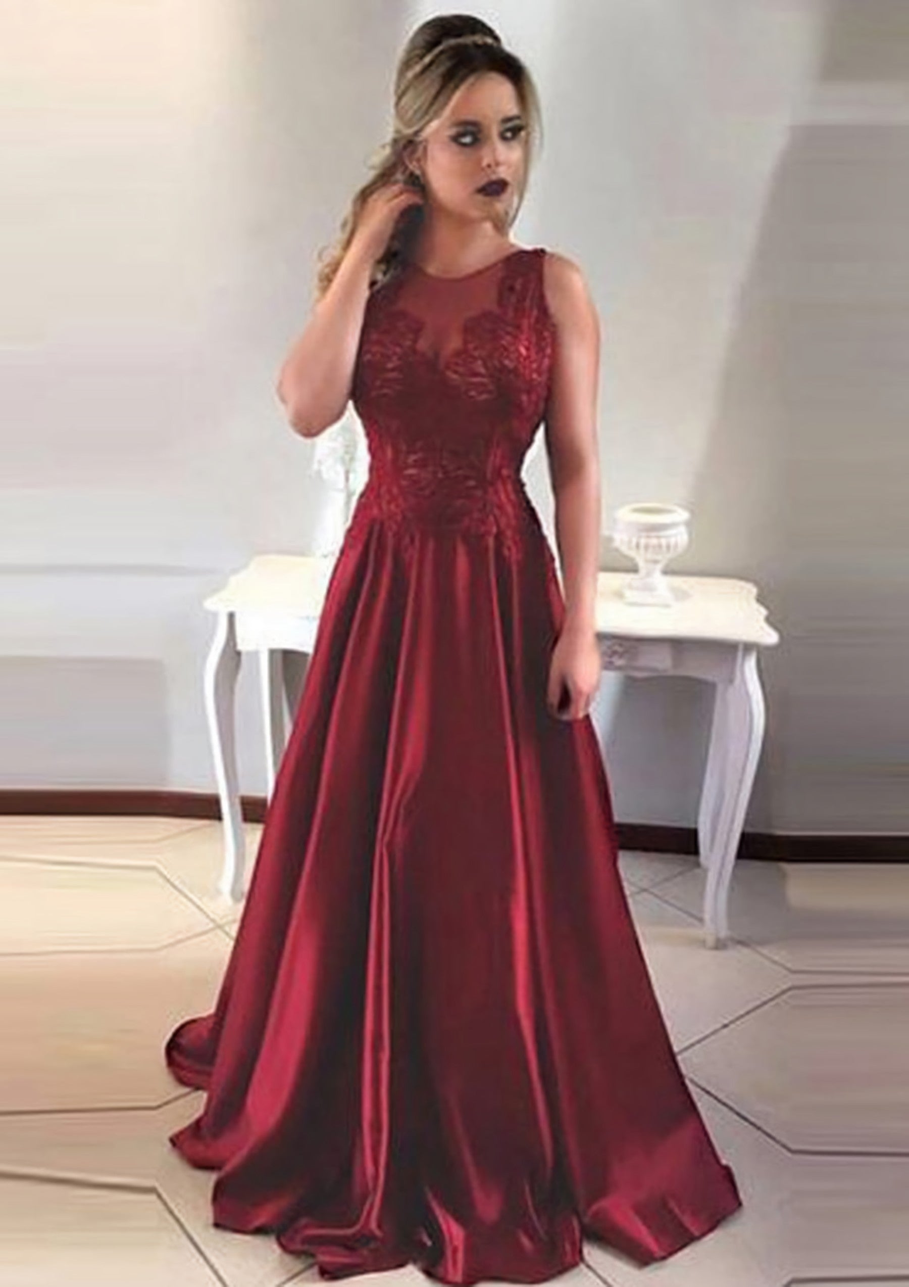 2054 Prom Dress, Satin Prom Dress A-Line/Princess Scoop Neck Sweep Train With Appliqued