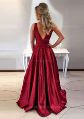 Evening Dress, Satin Prom Dress A-Line/Princess Scoop Neck Sweep Train With Appliqued