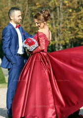 Autumn Wedding, Satin Prom Dress Ball Gown V-Neck Cathedral Train With Lace