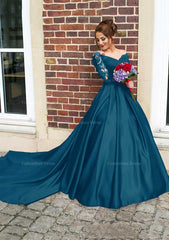 Non Traditional Wedding Dress, Satin Prom Dress Ball Gown V-Neck Cathedral Train With Lace