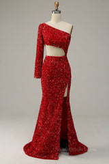 Party Dress For Teenage Girl, Scarlet Mermaid One Shoulder Satin Long Sleeve Silt Long Prom Dress