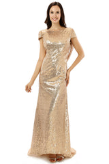 Party Dress Dress Code, Scoop Backless Floor-length Sparkle Sequins Champagne Prom Dresses